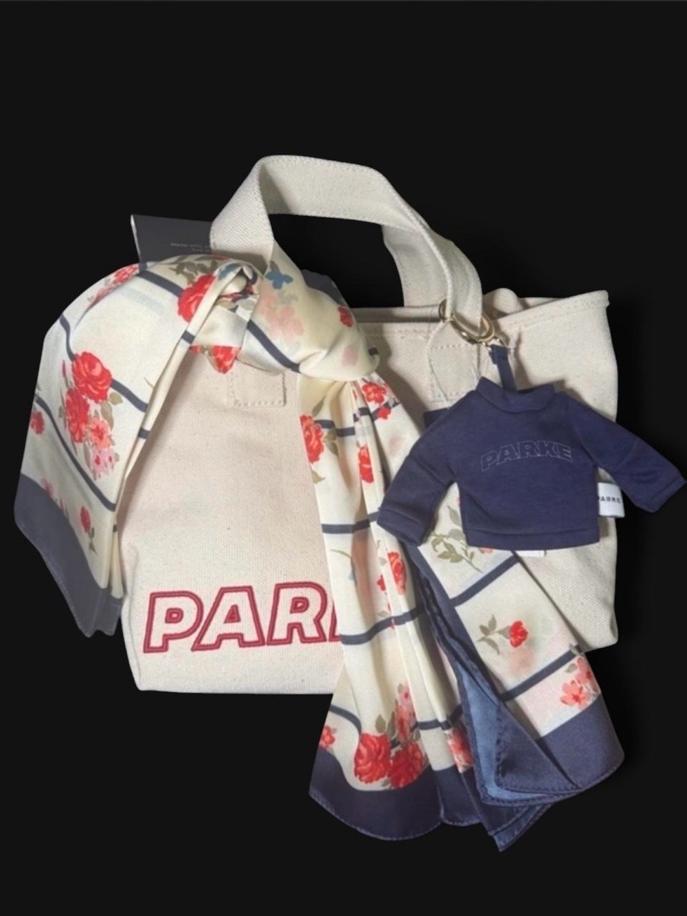 New Parke x Target Bundle Mini Tote with Floral Scarf & Navy Mockneck Keychain
